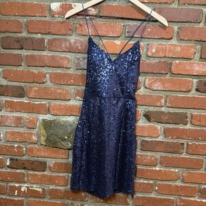 Hello Molly women's Spaghetti Strap cross‎ back sequin navy mini dress large NWT